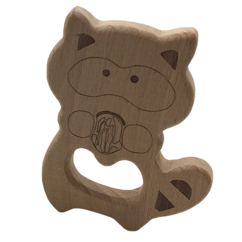 Natural Wooden Animal Shape Ring Baby Teether Teething Toy Raccoons