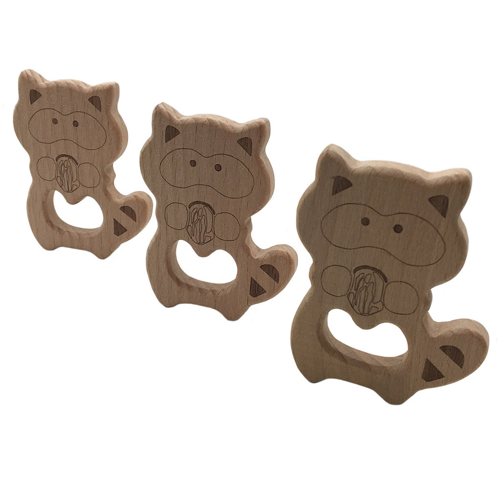 Natural Wooden Animal Shape Ring Baby Teether Teething Toy Raccoons