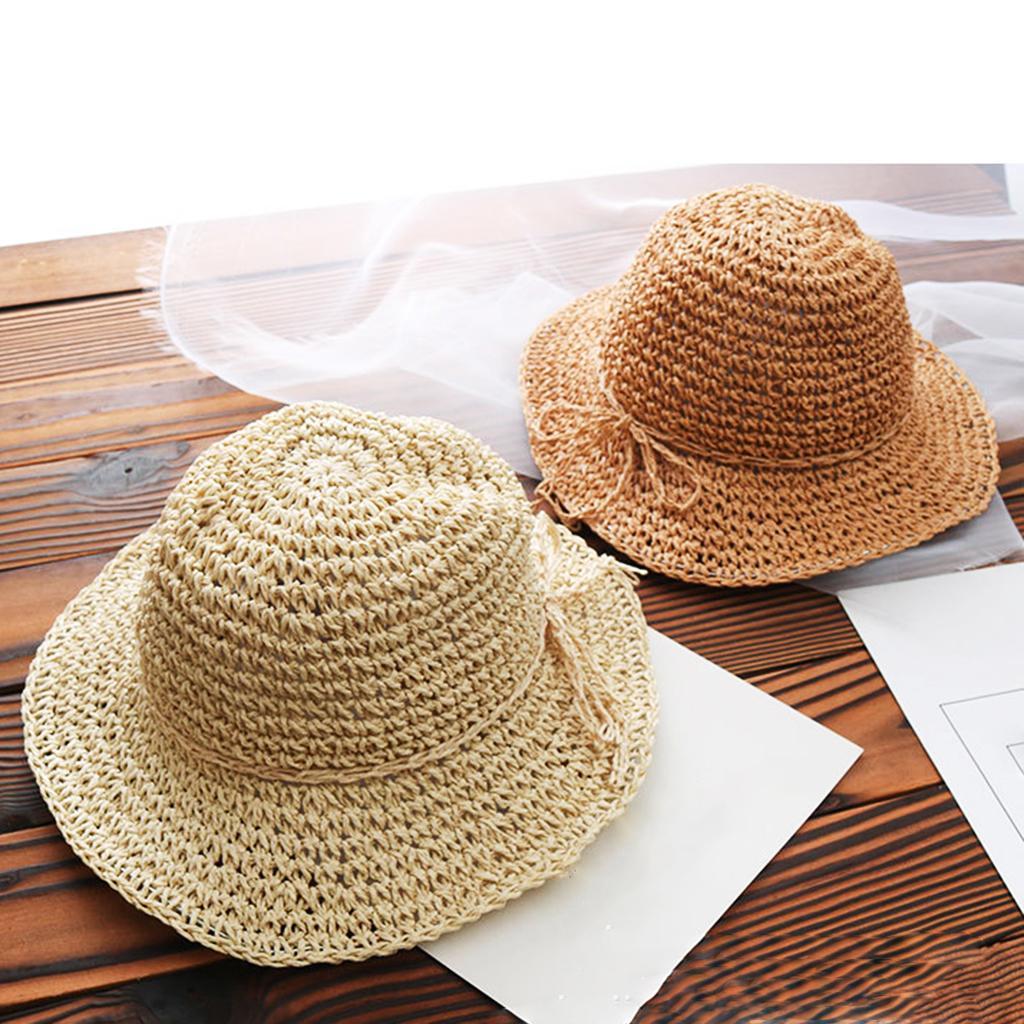 Kids Girls Straw Sun Hat Floppy Summer Beach Cap Khaki