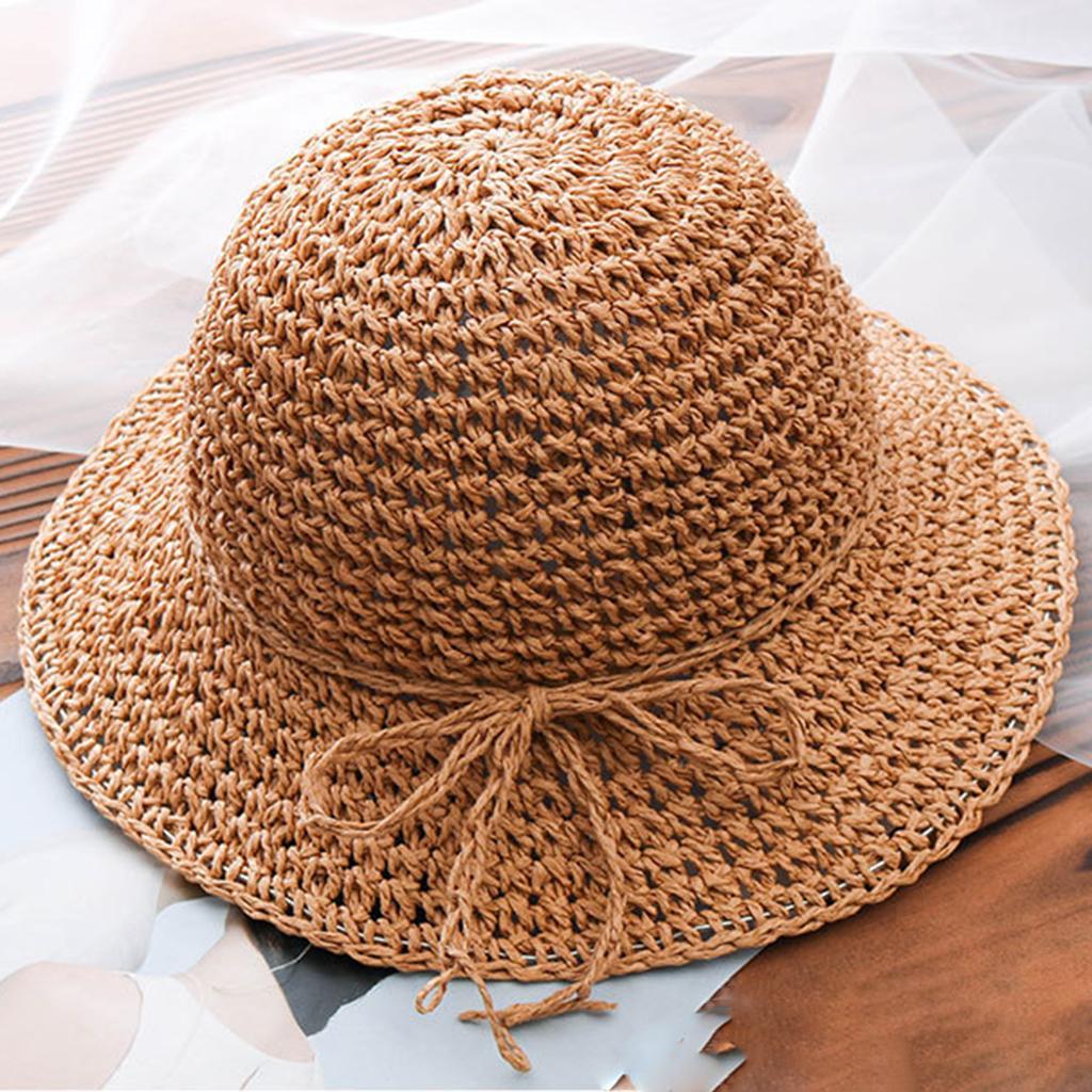 Kids Girls Straw Sun Hat Floppy Summer Beach Cap Khaki