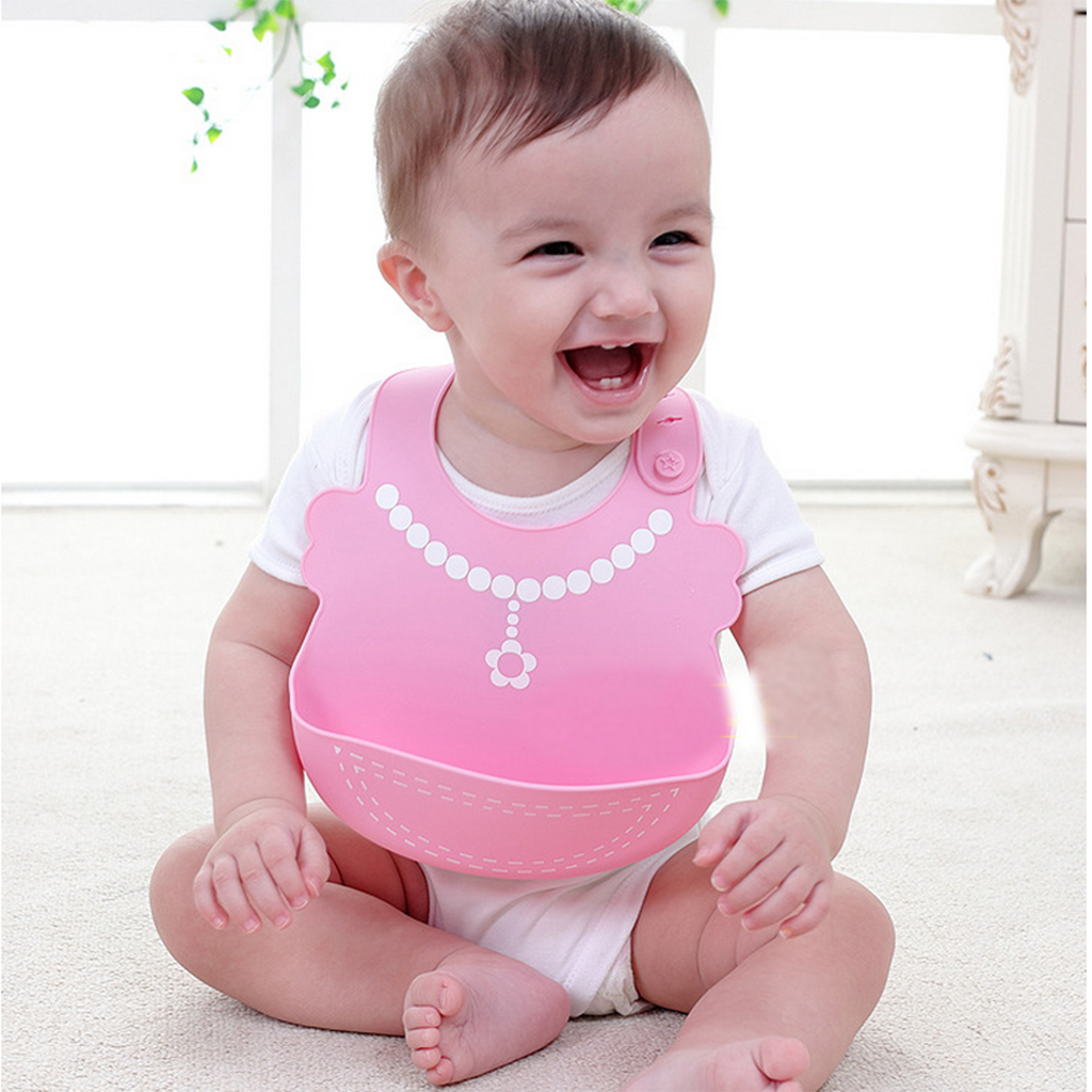 Baby Kid Washable Silicone Feeding Bib Adjustable Bib New Pink Necklace