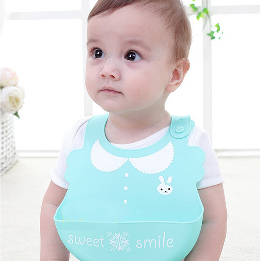 Baby Kid Washable Silicone Feeding Bib Adjustable Bib New Blue Rabbit