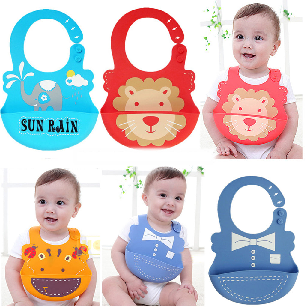 Baby Kid Washable Silicone Feeding Bib Adjustable Bib New Blue Elephants