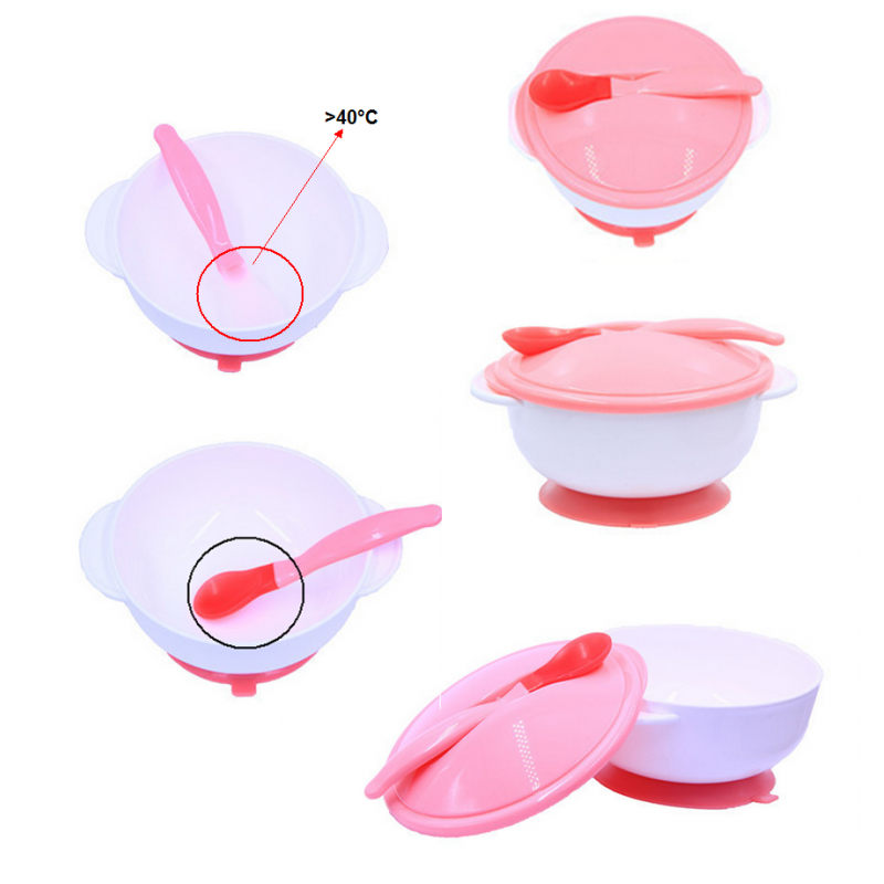 Baby Suction Bowl Temperature Colour Changing Spoon Feeding Tableware Pink