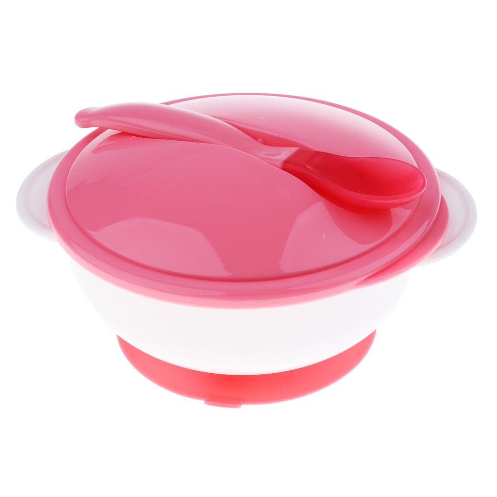 Baby Suction Bowl Temperature Colour Changing Spoon Feeding Tableware Pink