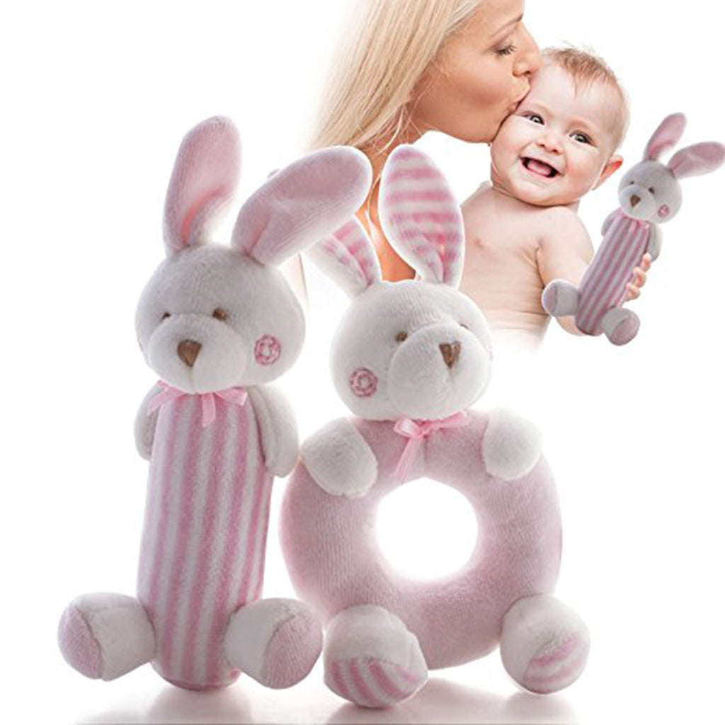 Kids Animal Handbells plush Squeeze Rattle Baby Toy Kids Gift Pink rabbit