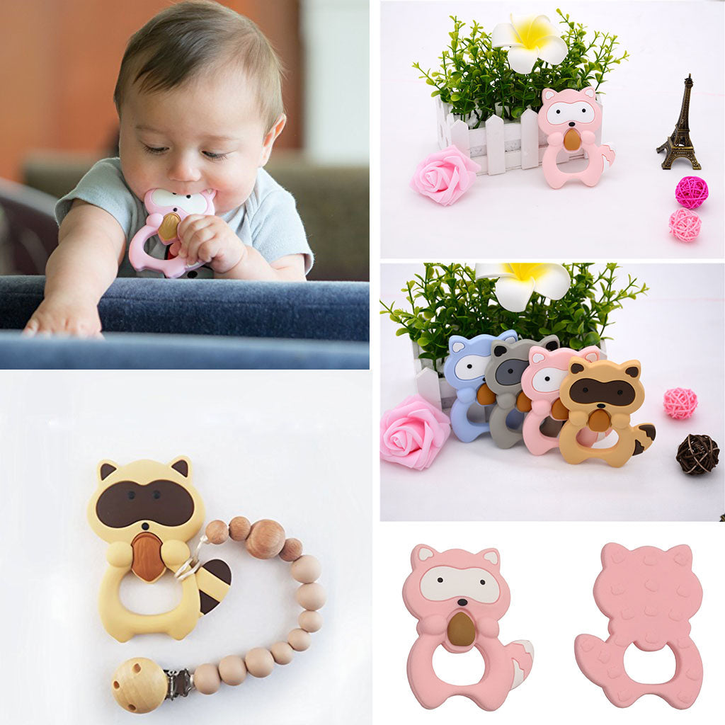 Silicone Teething Teether Necklace Chew Baby BPA Free Jewelry Pink Raccoon