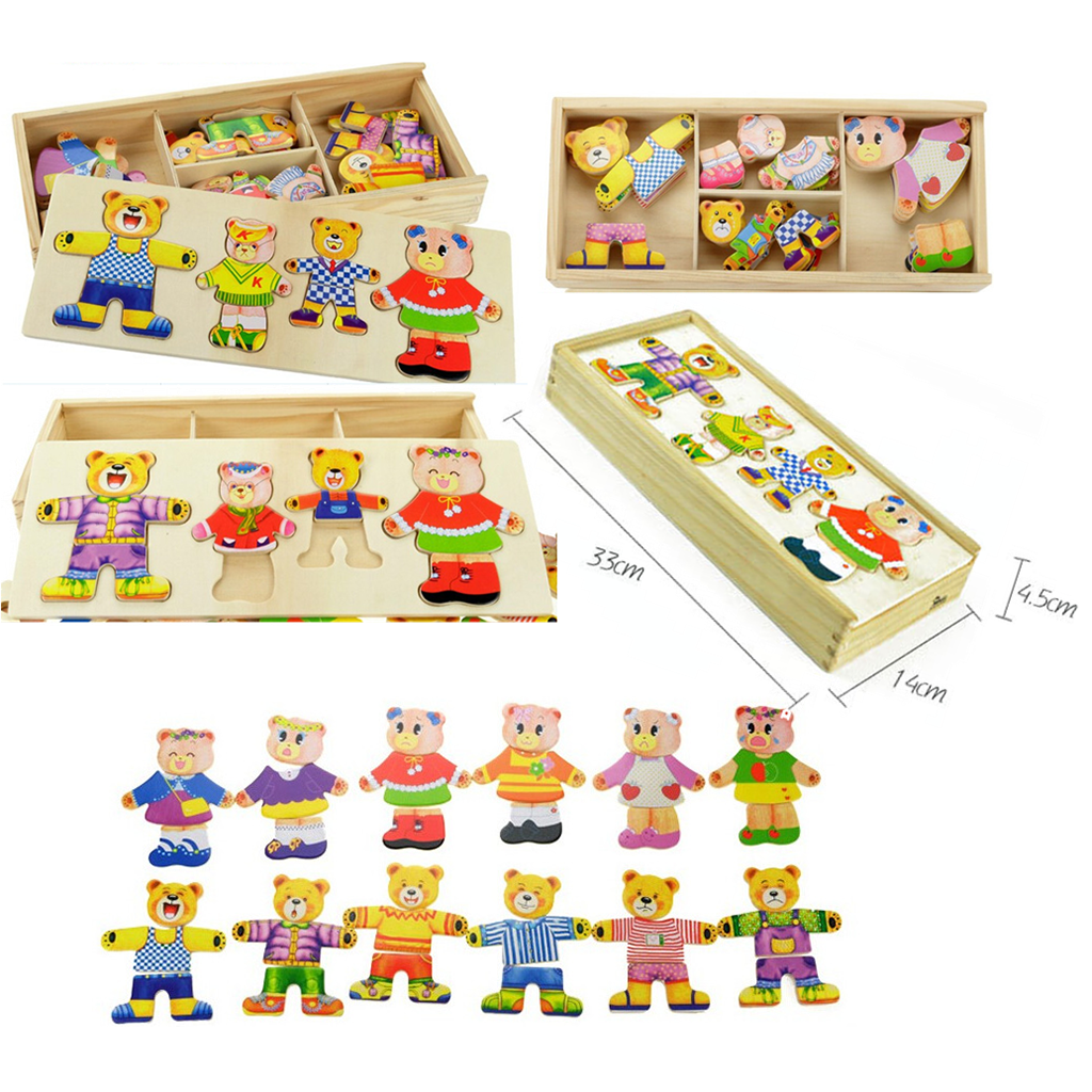 Wooden Jigsaw Puzzle Educational Toys Bear Family Dress Up Games for Kids