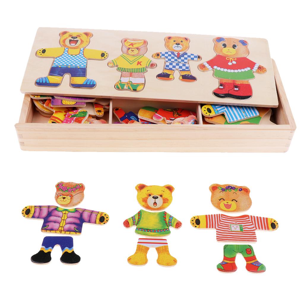 Wooden Jigsaw Puzzle Girls Educational Toys Bear Family Dress Up Games for Kids