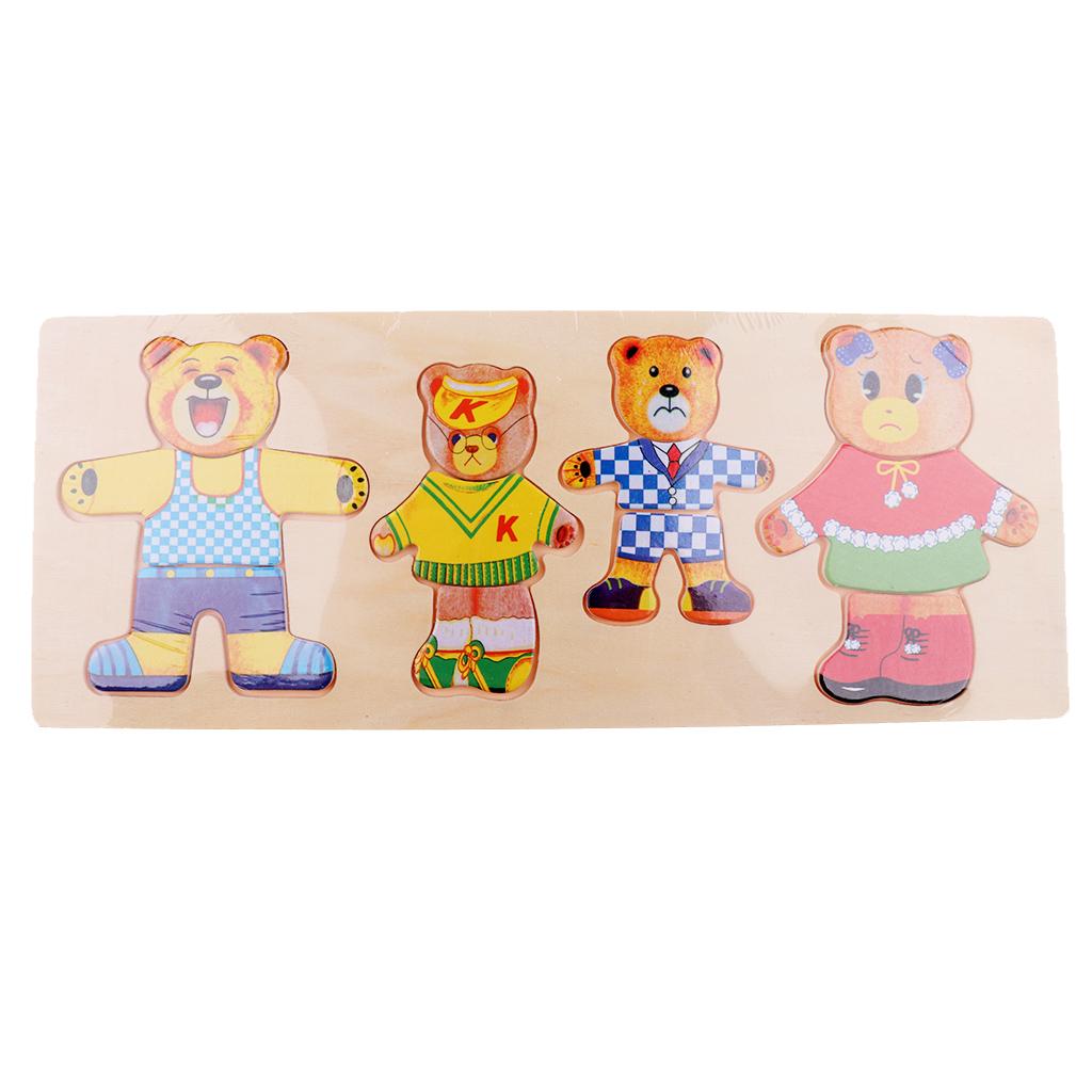 Wooden Jigsaw Puzzle Girls Educational Toys Bear Family Dress Up Games for Kids