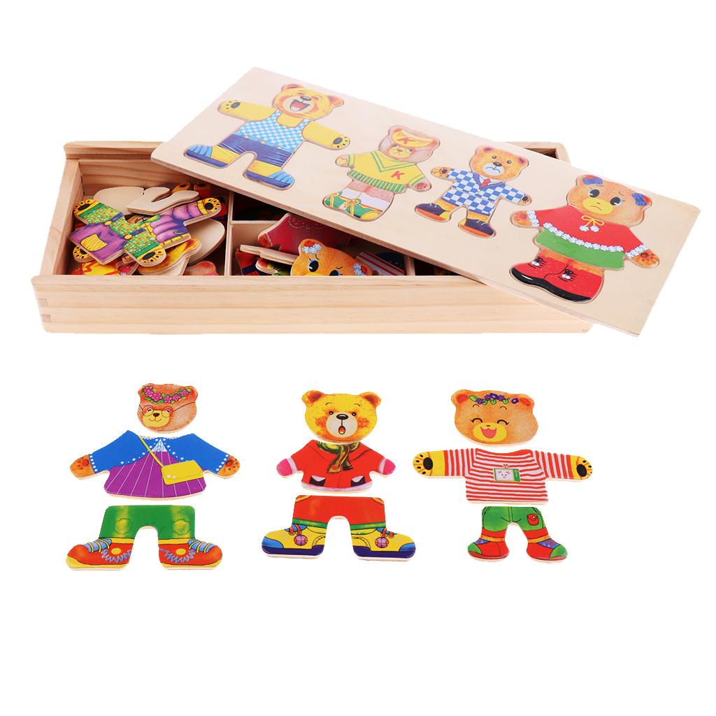 Wooden Jigsaw Puzzle Girls Educational Toys Bear Family Dress Up Games for Kids