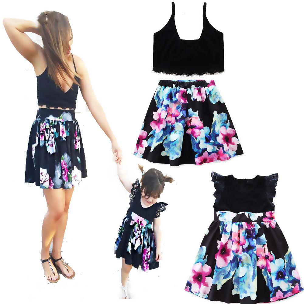 Mother Daughter Womens Girls Print Casual Party Dress 90cm(for Daughter)