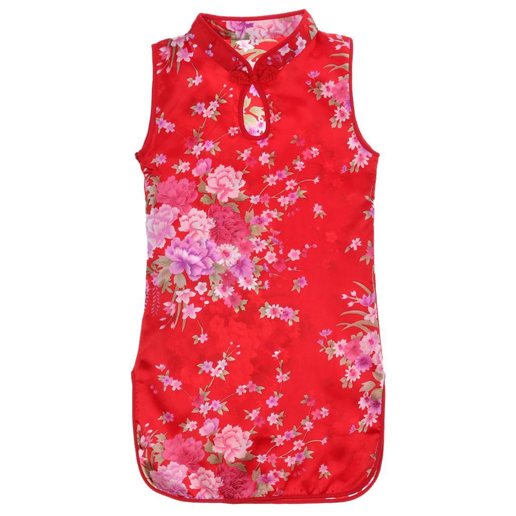 Children's textile silk dress cheongsam Size 4 (3-4Y) Red