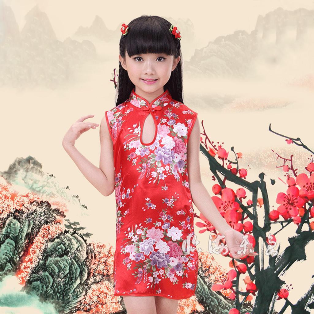 Children's textile silk dress cheongsam Size 4 (3-4Y) Red