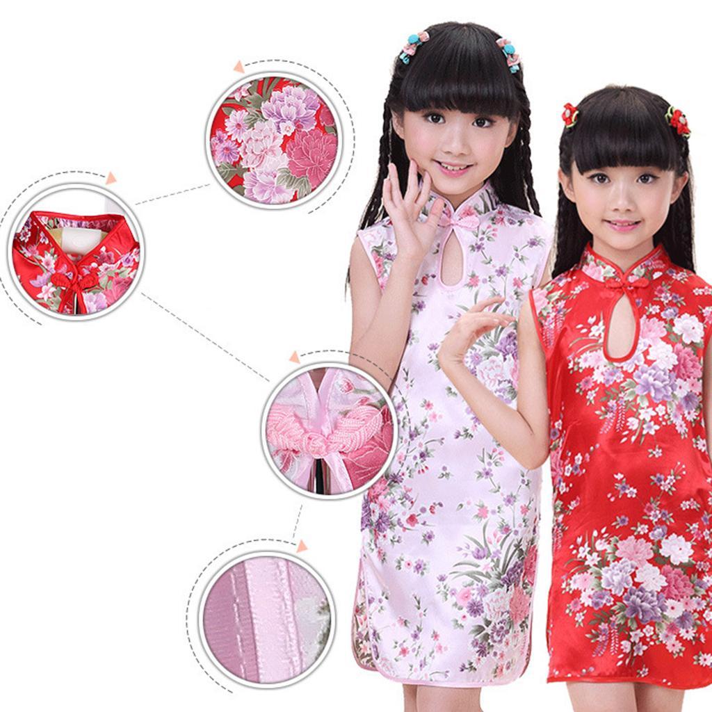 Children's textile silk dress cheongsam Size 4 (3-4Y) Red