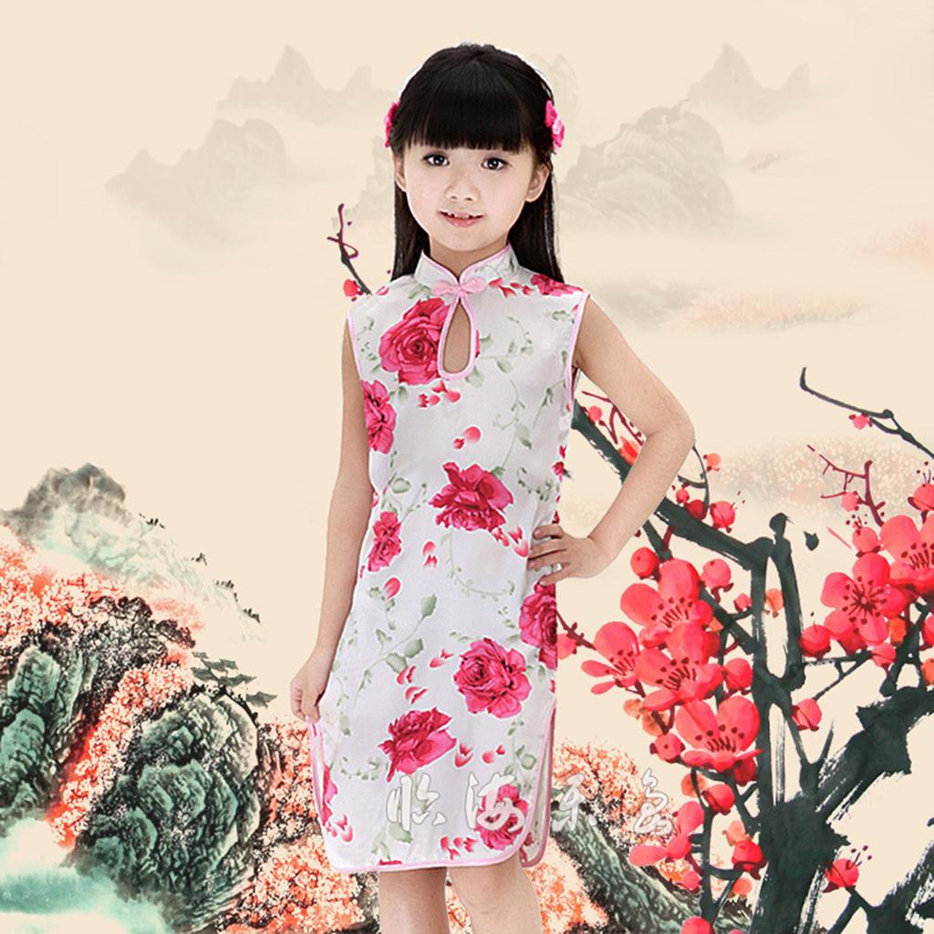 Children's textile silk dress cheongsam Size 8 (5-6Y) White