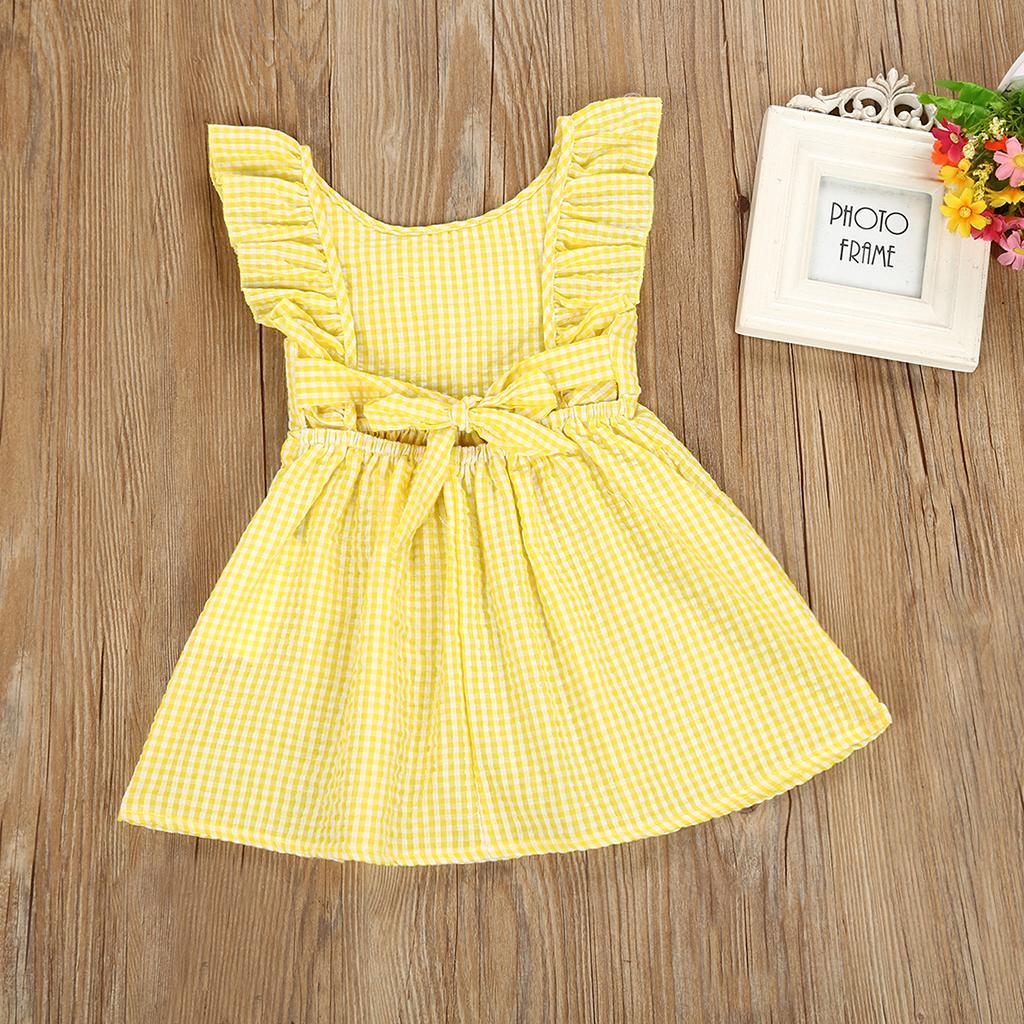 Little Baby Girl Plaid Ruffles Summer Dress Kids Girl Backless Dresses 4T Yellow