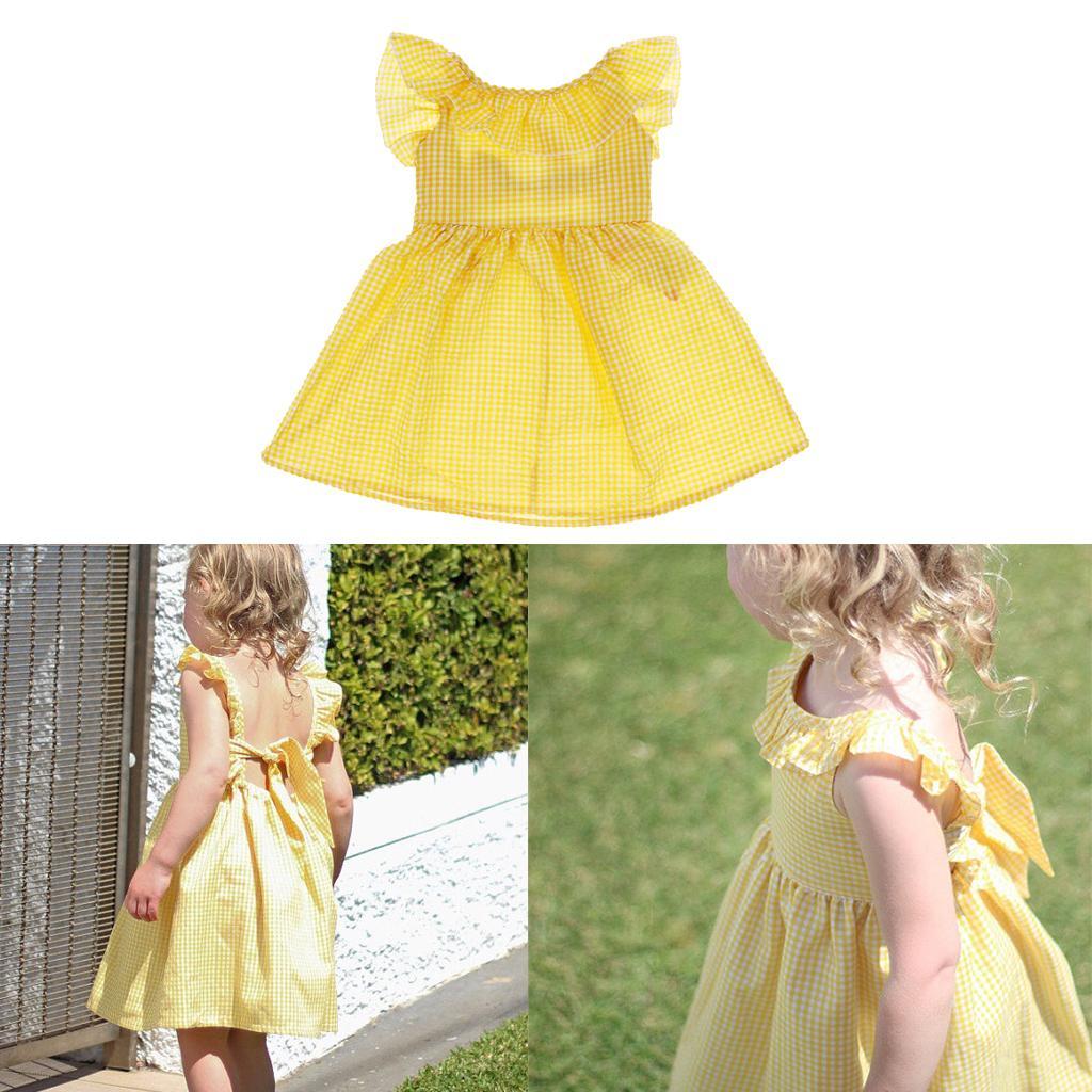 Little Baby Girl Plaid Ruffles Summer Dress Kids Girl Backless Dresses 4T Yellow