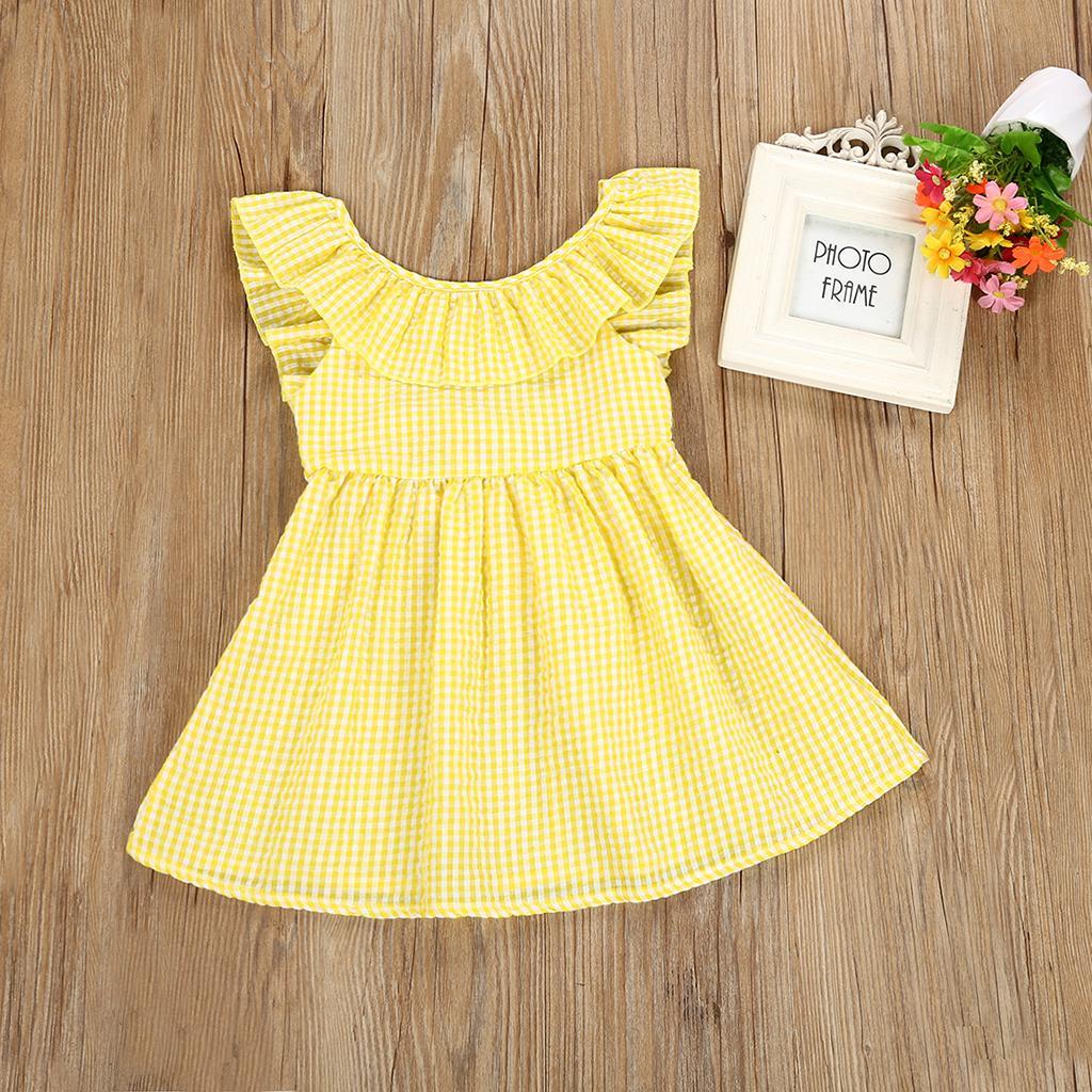 Little Baby Girl Plaid Ruffles Summer Dress Kids Girl Backless Dresses 4T Yellow