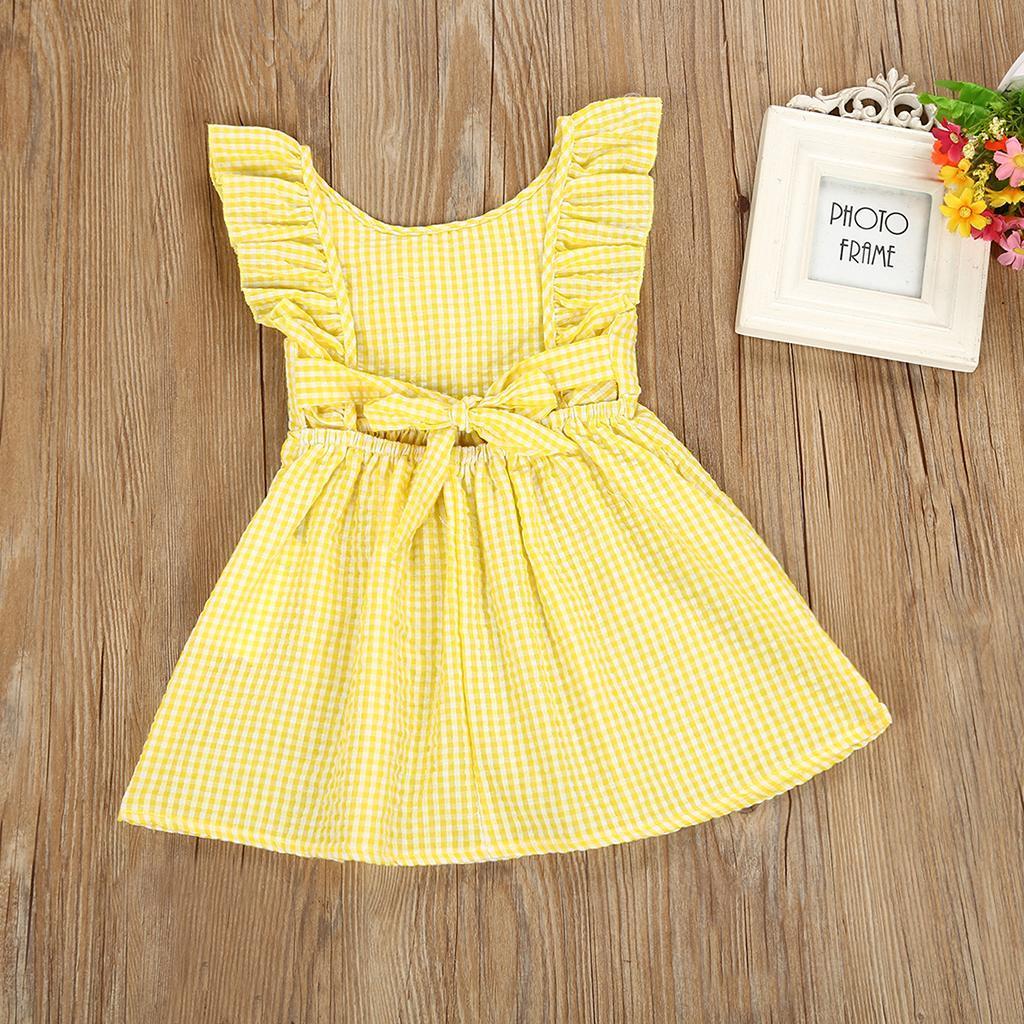 Little Baby Girl Plaid Ruffles Summer Dress Kids Girl Backless Dresses 6T Yellow