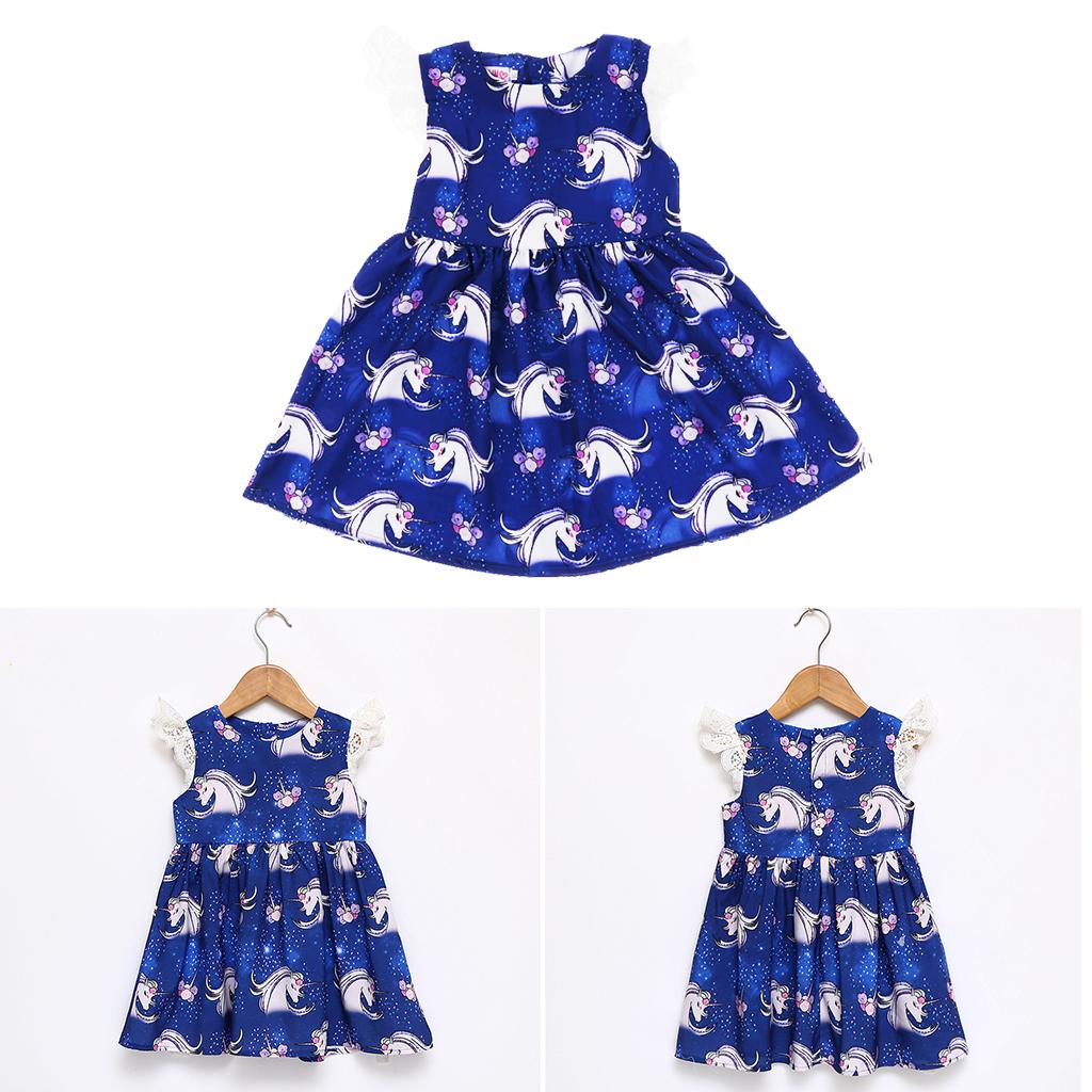 Kids Baby Girls Unicorn Print Ruffles Dress 3T Blue