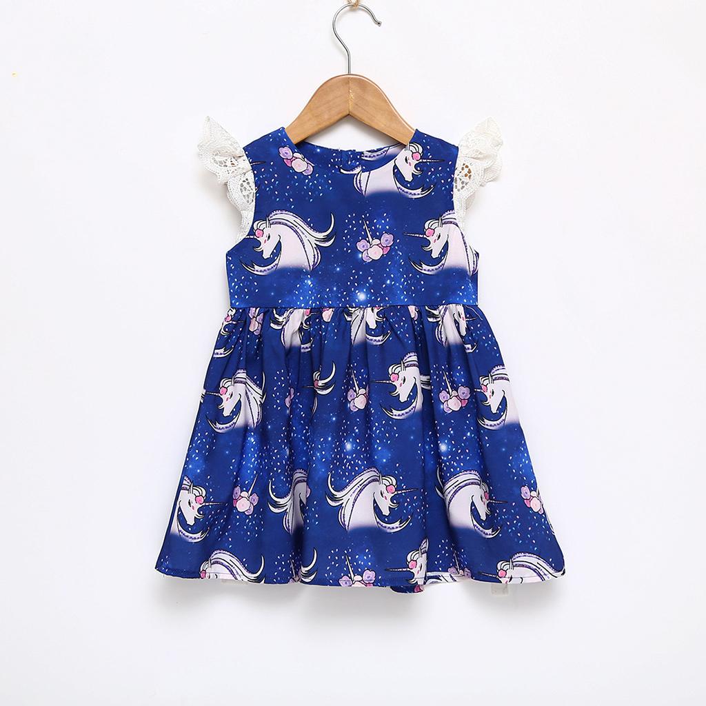 Kids Baby Girls Unicorn Print Ruffles Dress 3T Blue