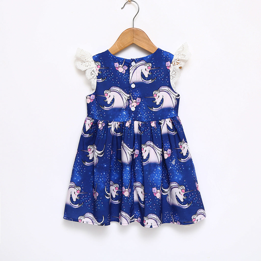 Kids Baby Girls Unicorn Print Ruffles Dress 4T Blue