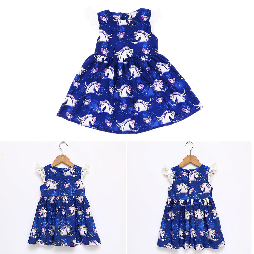 Kids Baby Girls Unicorn Print Ruffles Dress 4T Blue