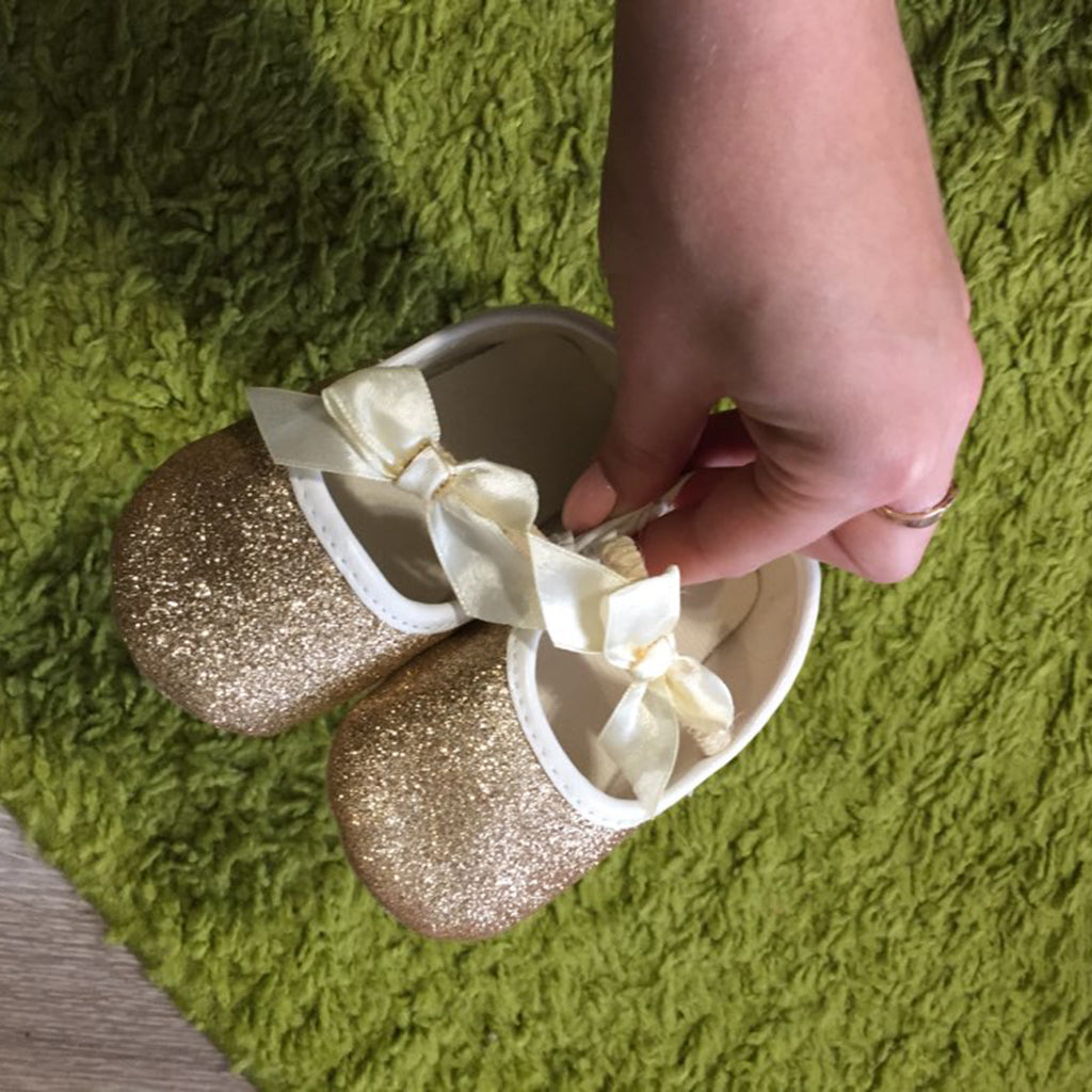 Shining Baby Bling Anti-Slip Girl Bowknot Princess Shoes 0-6 Months Golden