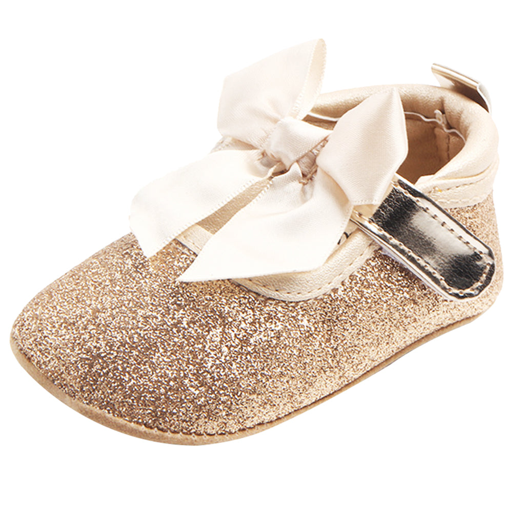 Shining Baby Bling Anti-Slip Girl Bowknot Princess Shoes 0-6 Months Golden