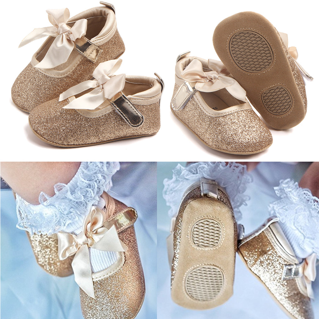 Shining Baby Bling Anti-Slip Girl Bowknot Princess Shoes 6-12 Months Golden