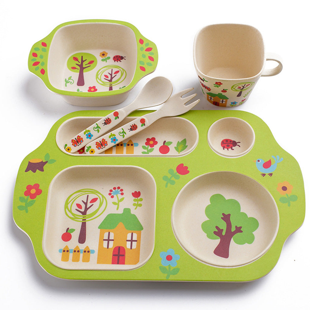 Bamboo Baby Tableware Bowl Cup Plate 5pc/set Cartoon Tableware Green 1