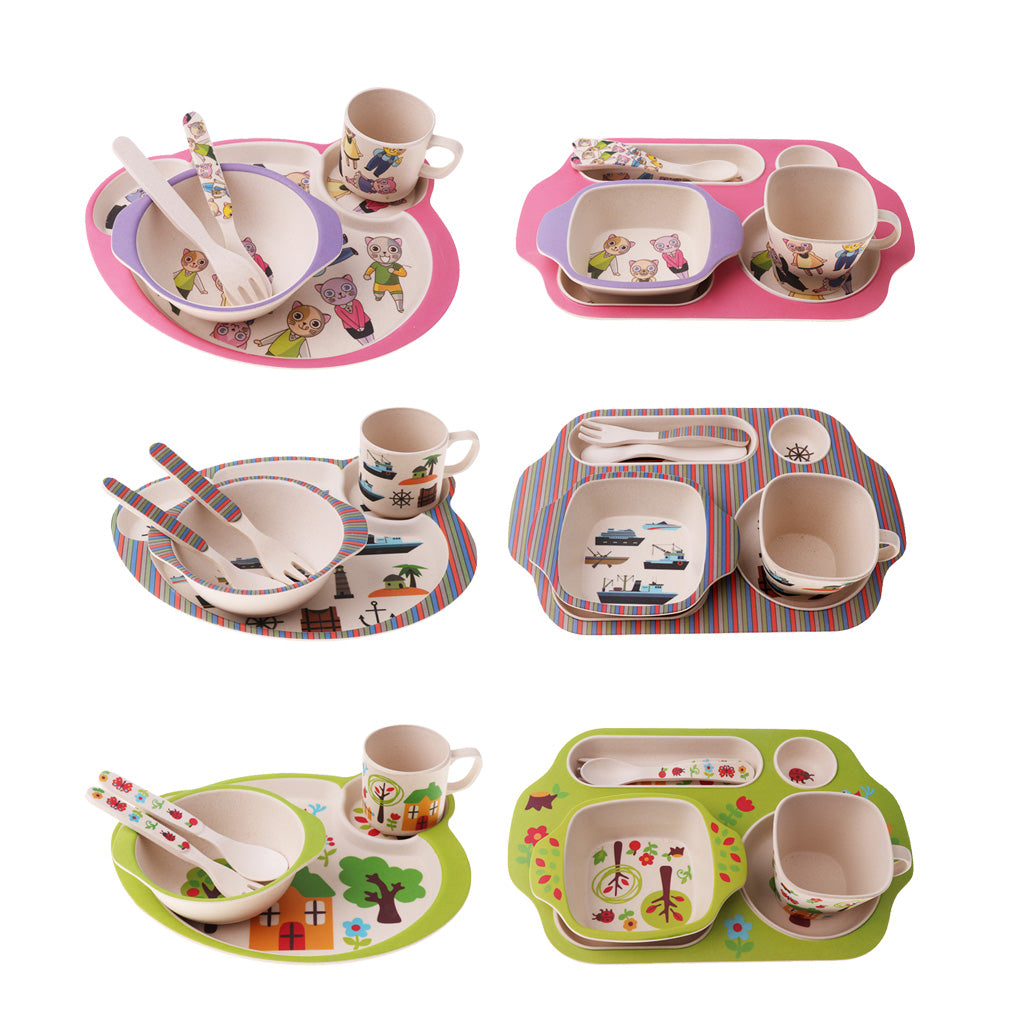 Bamboo Baby Tableware Bowl Cup Plate 5pc/set Cartoon Tableware Green 1