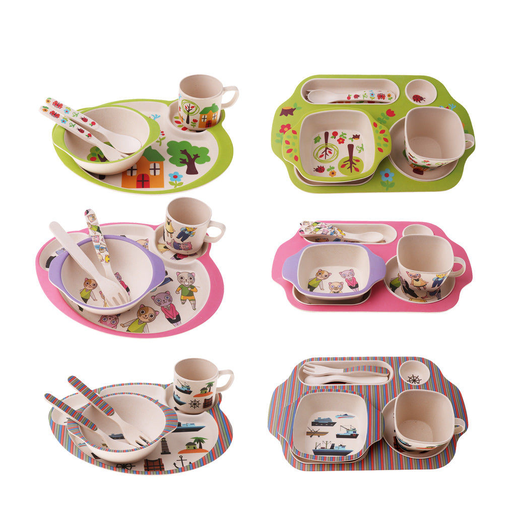 Bamboo Baby Tableware Bowl Cup Plate 5pc/set Cartoon Tableware Green 1