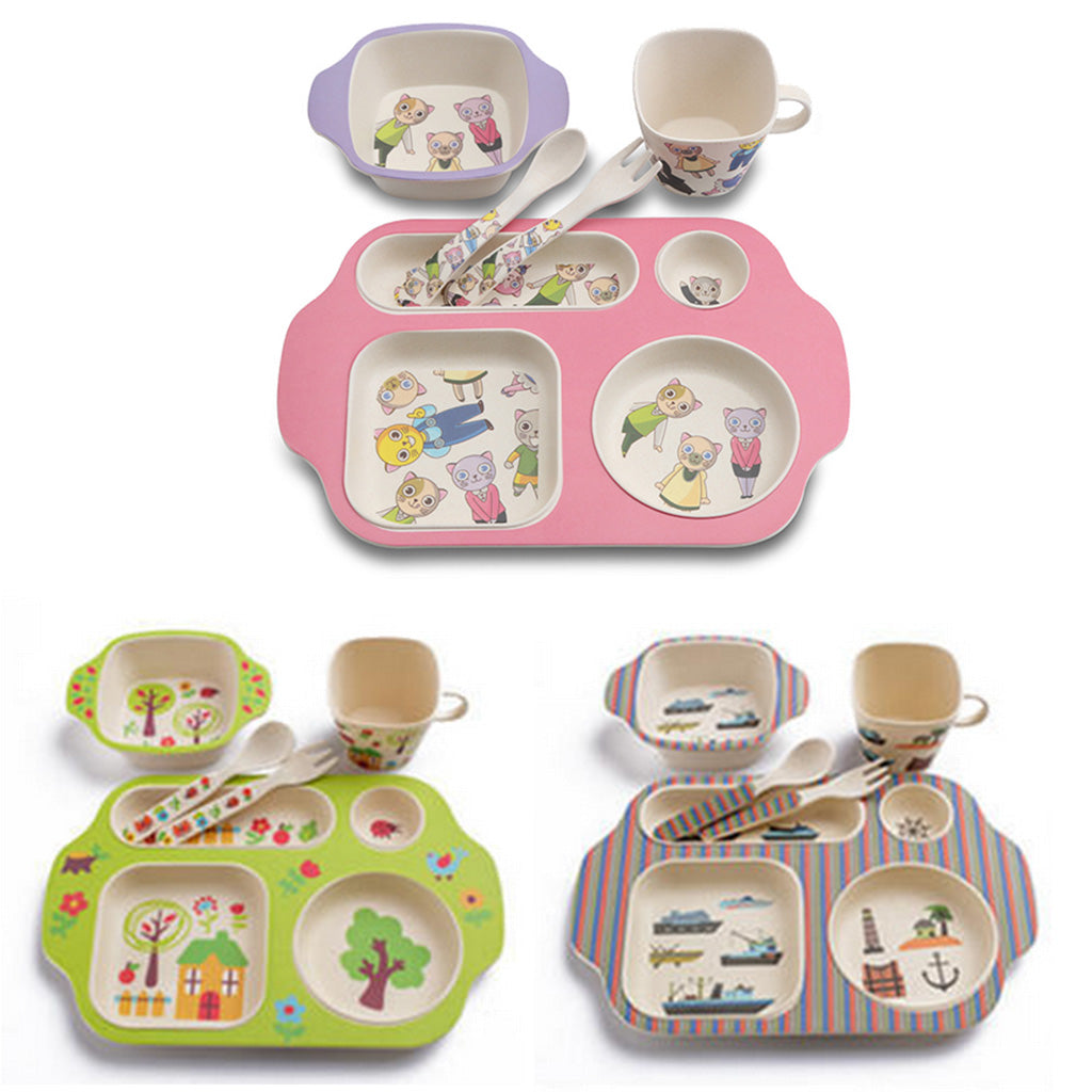 Bamboo Baby Tableware Bowl Cup Plate 5pc/set Cartoon Tableware Green 1