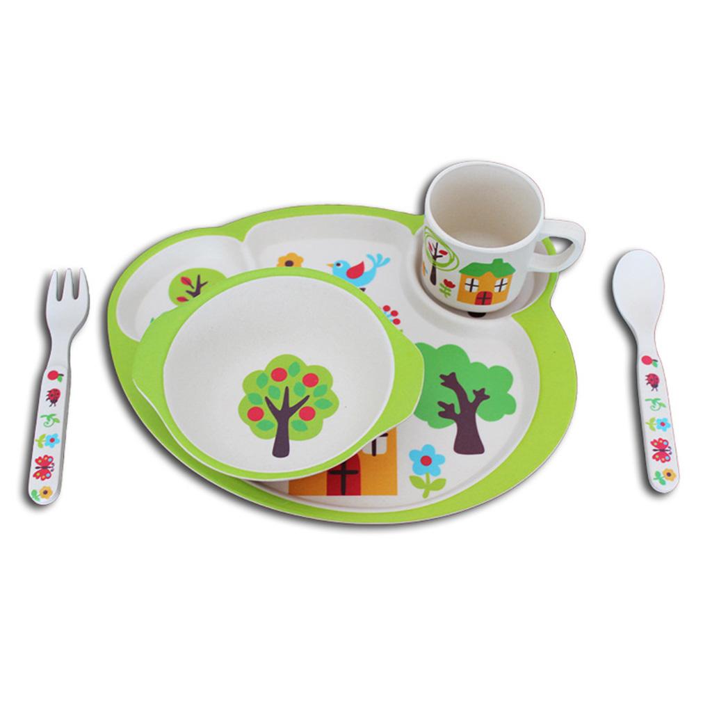 Bamboo Baby Tableware Bowl Cup Plate 5pc/set Cartoon Tableware Green 2