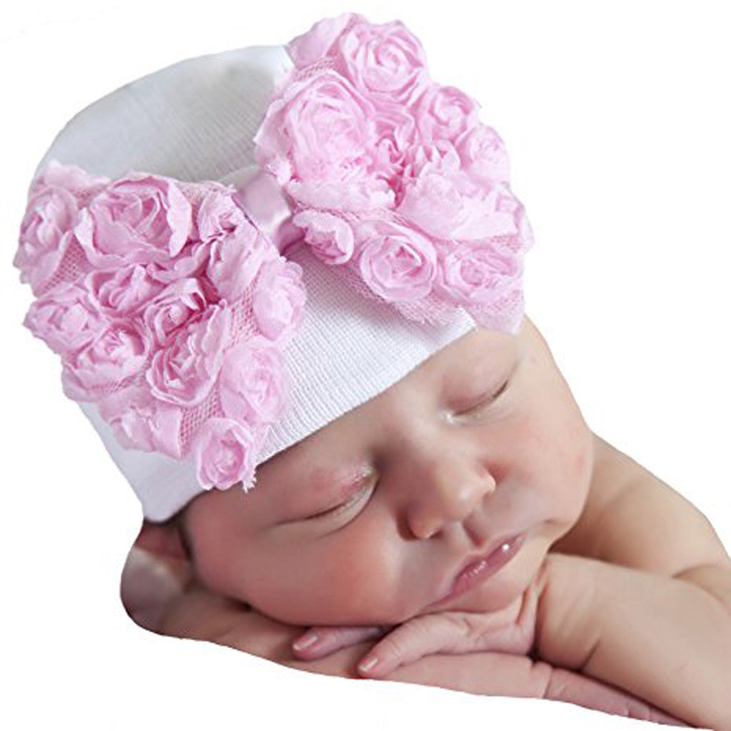 Cute Newborn Baby Hospital Hats Big Bow Knot Toddler Knit Cap White pink