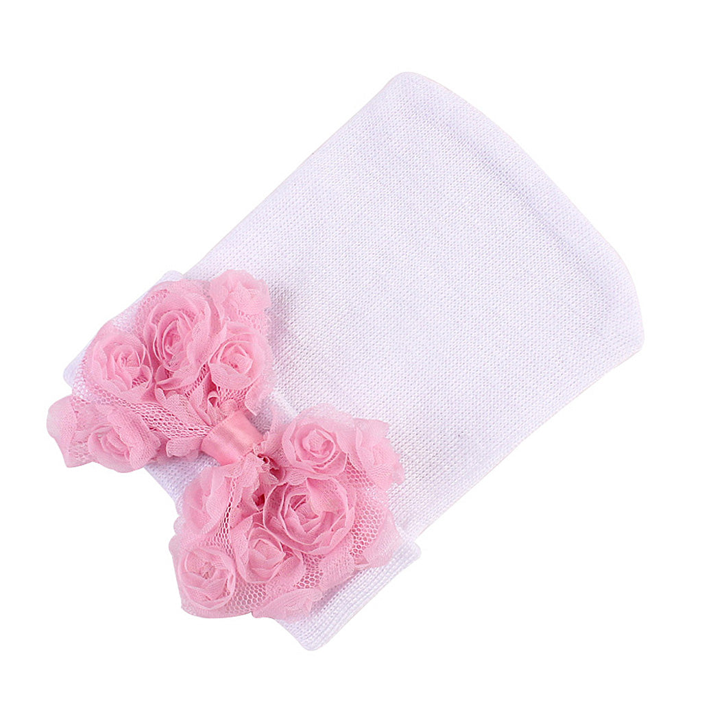 Cute Newborn Baby Hospital Hats Big Bow Knot Toddler Knit Cap White pink