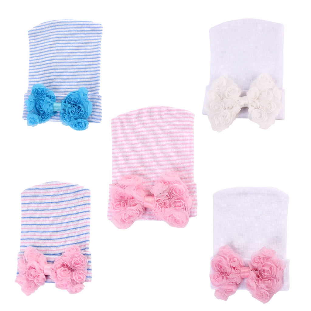 Cute Newborn Baby Hospital Hats Big Bow Knot Toddler Knit Cap Stripe