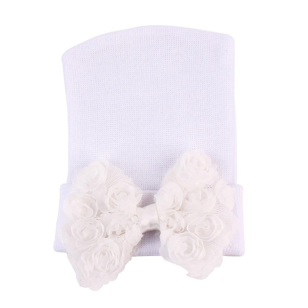 Cute Newborn Baby Hospital Hats Big Bow Knot Toddler Knit Cap White
