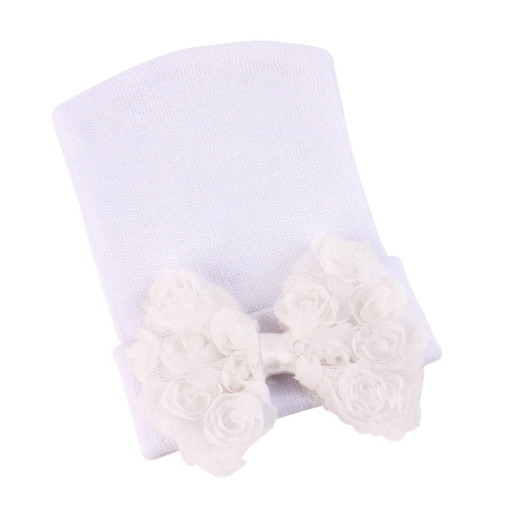 Cute Newborn Baby Hospital Hats Big Bow Knot Toddler Knit Cap White