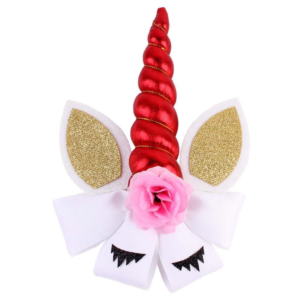 Children Party Spiral Unicorn Shiny Flower Unicorn Hair Clip Red