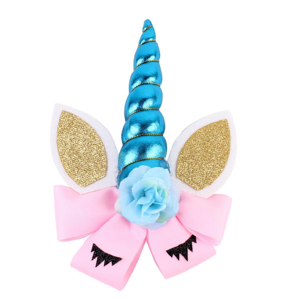 Children Party Spiral Unicorn Shiny Flower Unicorn Hair Clip Blue