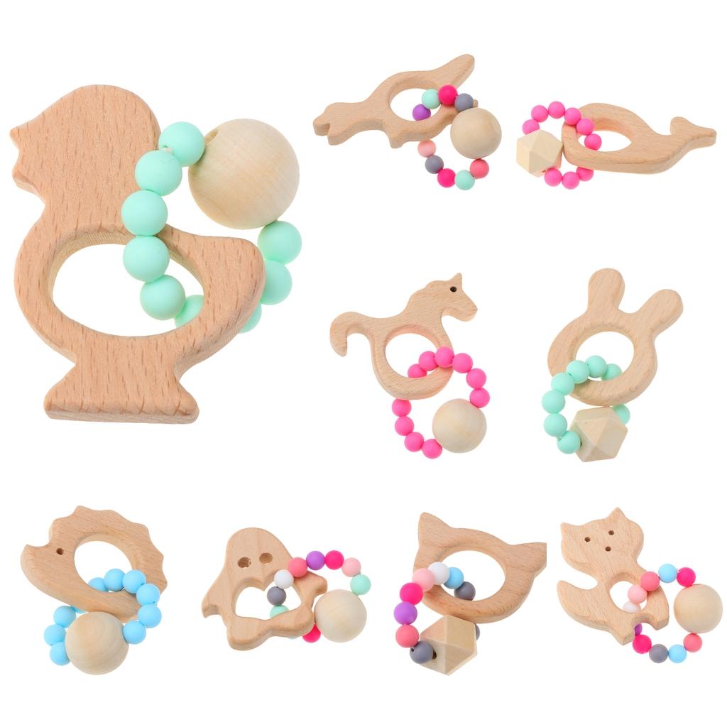 Natural Wooden Baby Teether Wood Teething Bracelet Rings Unicorn