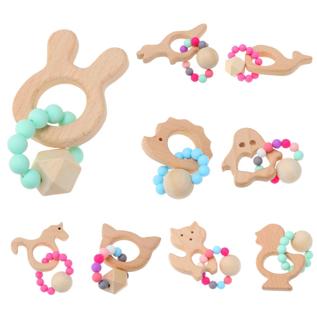 Natural Wooden Baby Teether Wood Teething Bracelet Rings Unicorn