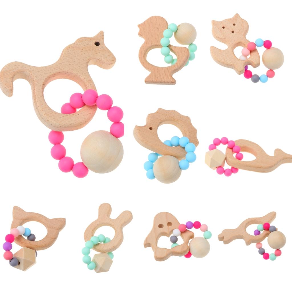 Natural Wooden Baby Teether Wood Teething Bracelet Rings Unicorn