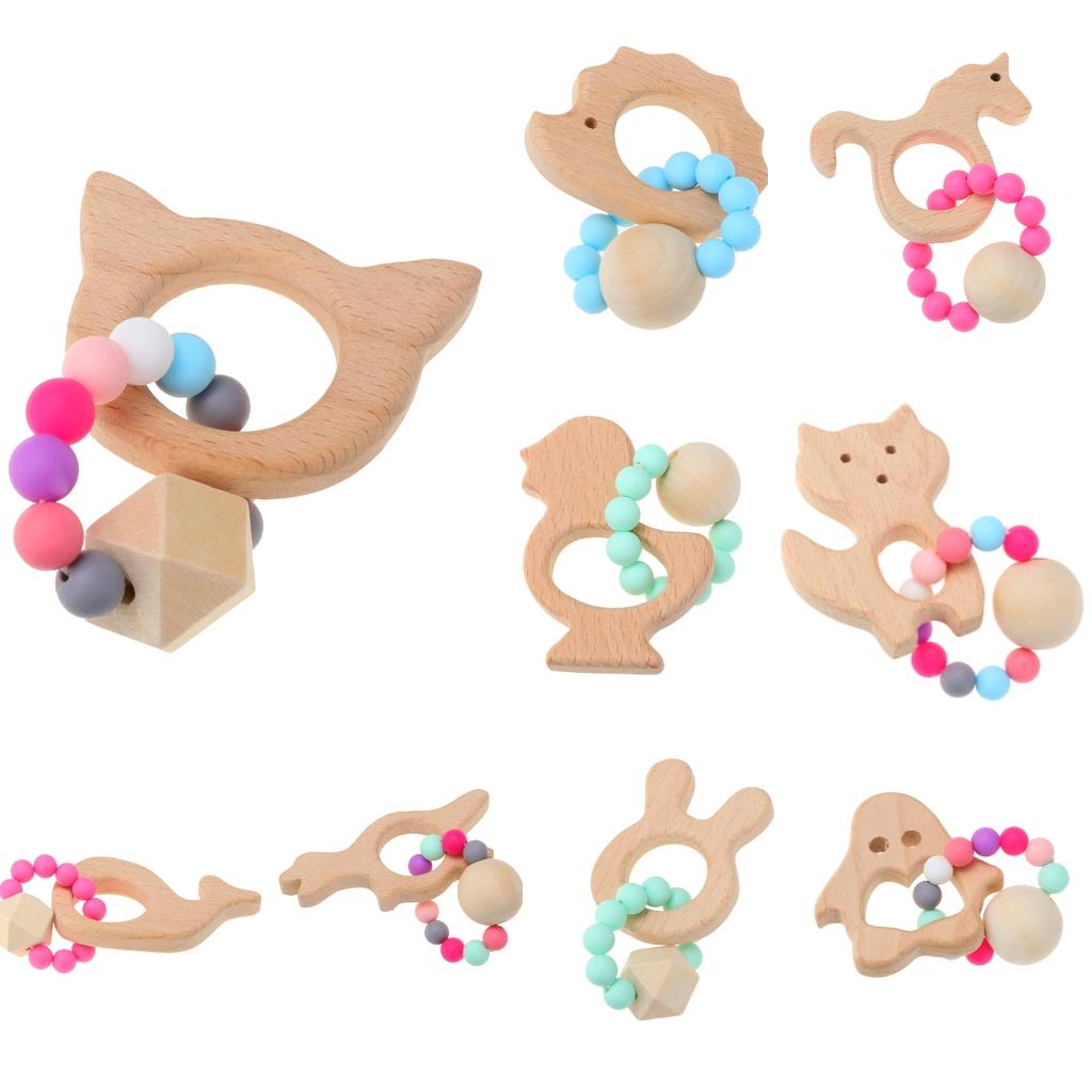 Natural Wooden Baby Teether Wood Teething Bracelet Rings Unicorn