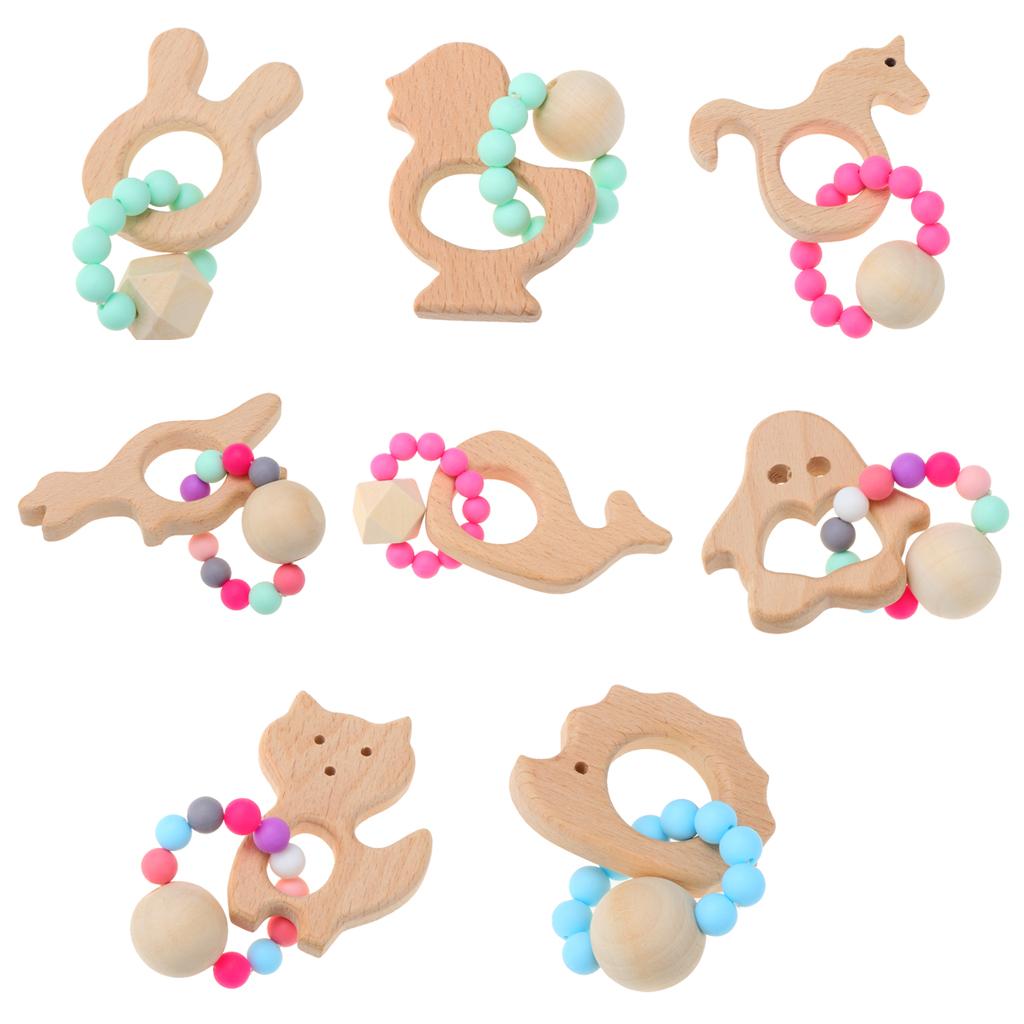 Natural Wooden Baby Teether Wood Teething Bracelet Rings Unicorn