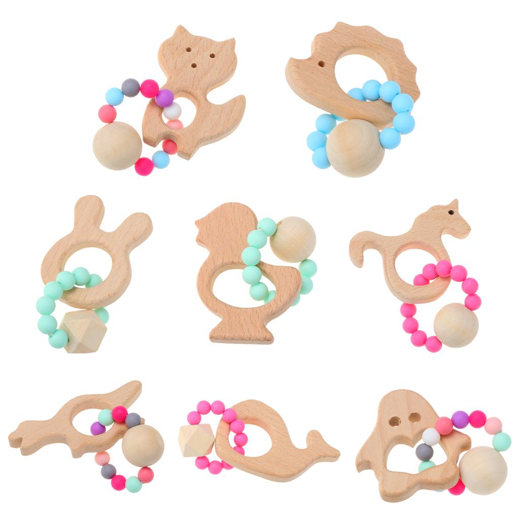 Natural Wooden Baby Teether Wood Teething Bracelet Rings Unicorn