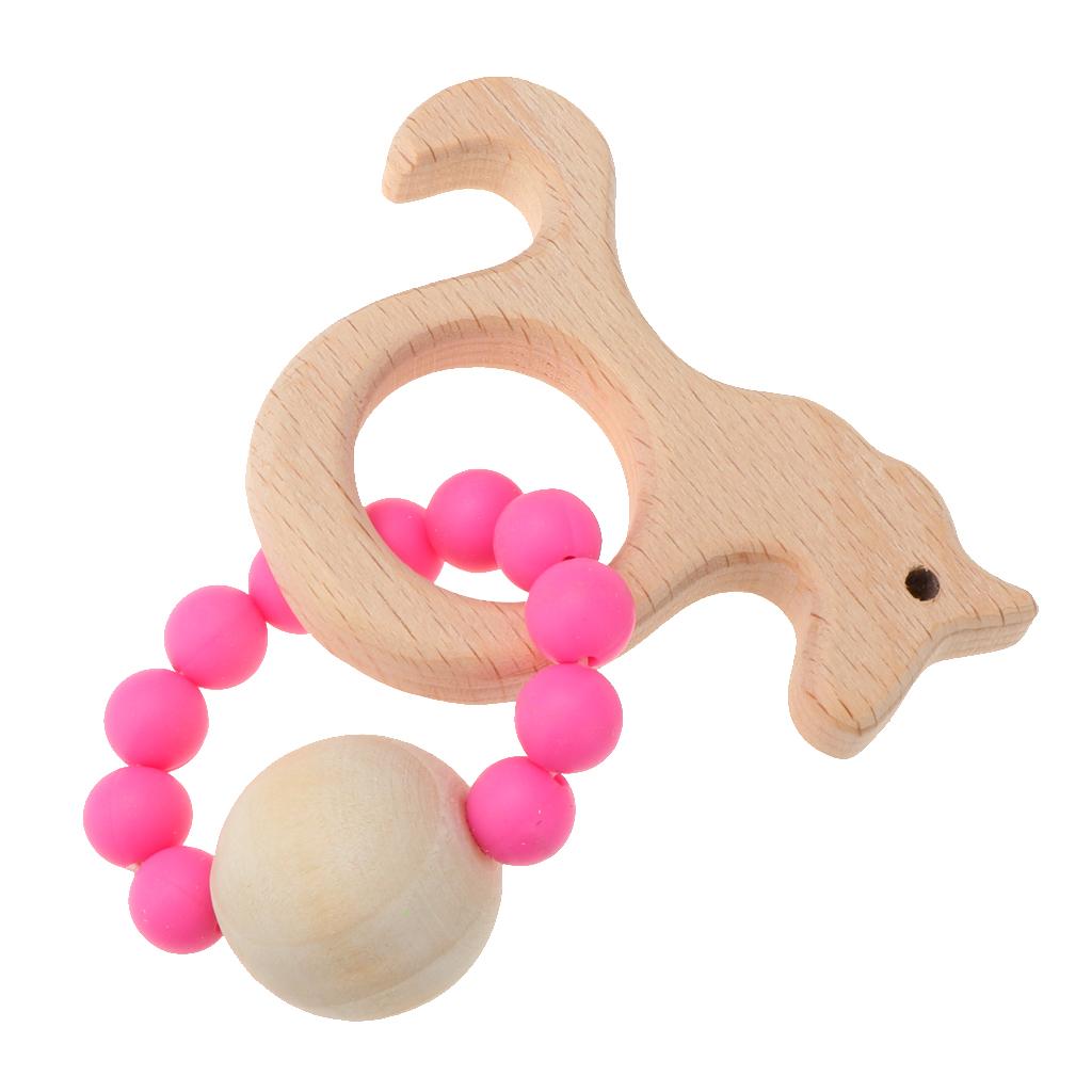 Natural Wooden Baby Teether Wood Teething Bracelet Rings Unicorn